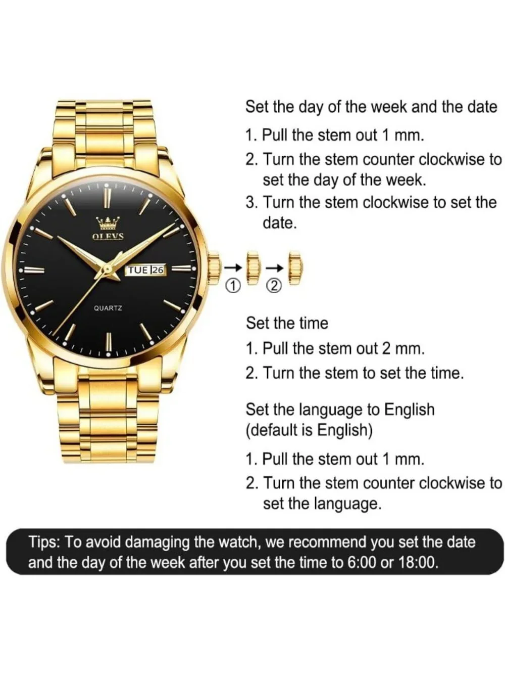 Men's Gold Black Stainless Steel Analog Quartz Classic Waterproof Round Watch